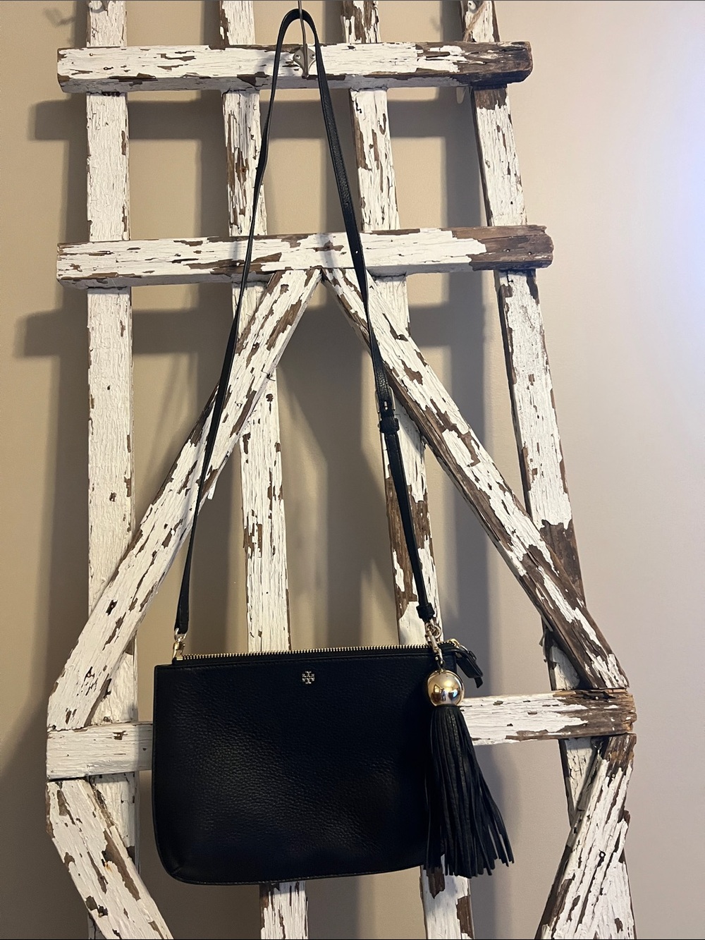 Tory Burch Black Leather Crossbody with Tassel Charm